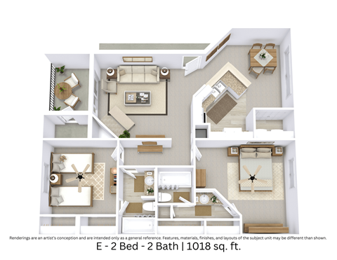 This is a 3D-floor plan providing a detailed, angled view of the space with room layouts, furniture placement, and spatial flow. Features 2 bedrooms, 2 bathrooms, and approximately 1,018 Sq. Ft.